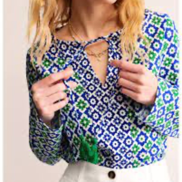 Boden Tops - Boden Geometric Top US 12 Blue Green Tassel Tie Long Sleeve Preppy Casual Cotton